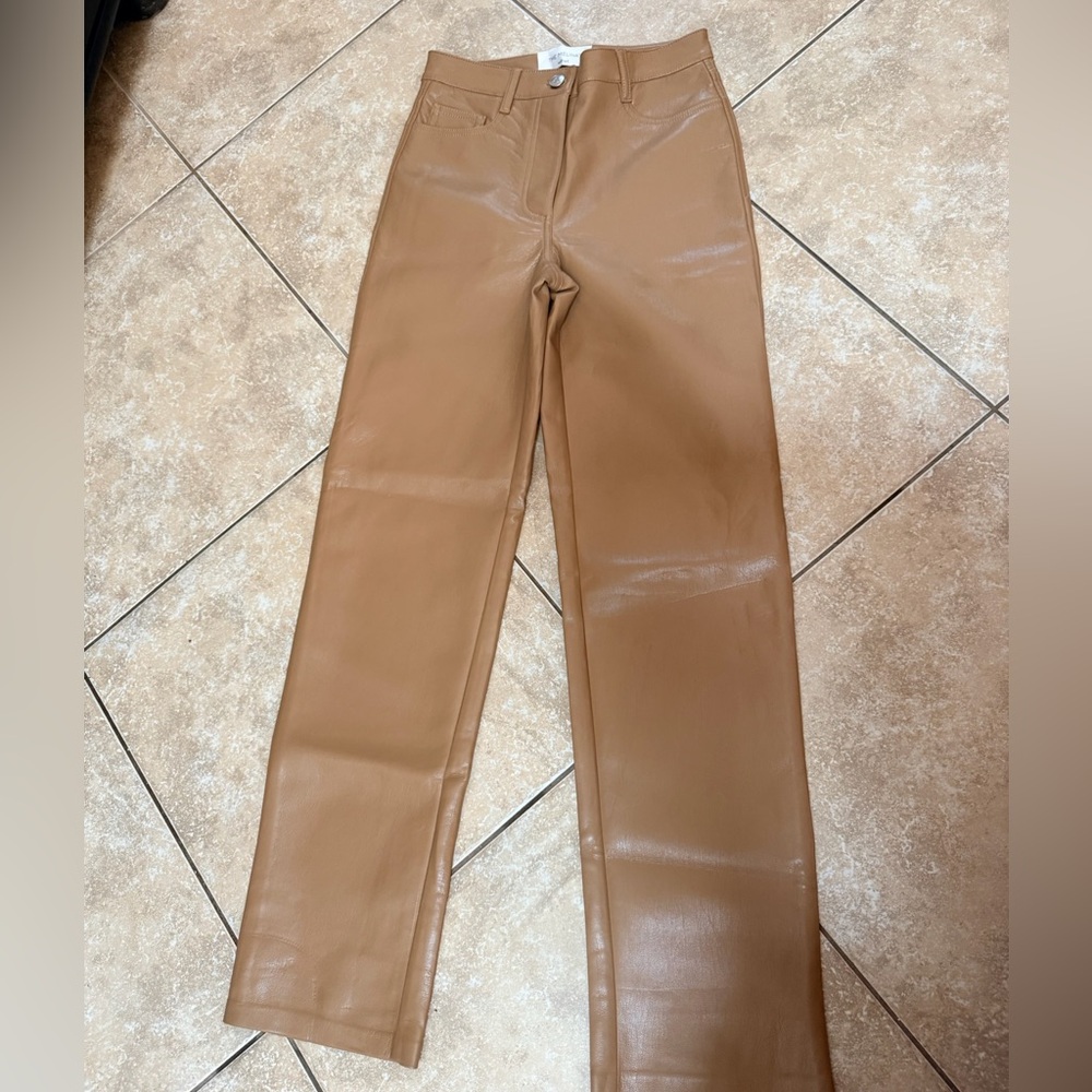 Aritzia Straight-Leg Faux Leather Pants in Camel Brown